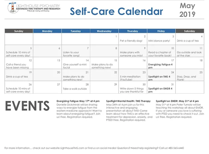 May Self-Care Calendar with daily tips and activities for mental wellness