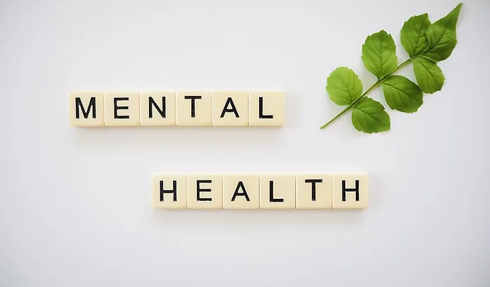 Scrabble tiles spelling out 'Mental Health' next to green leaves, symbolizing wellness and care.