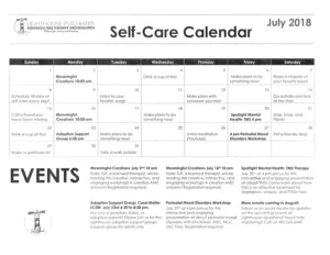 July 2018 Self-Care Calendar with daily wellness tips and events by Lighthouse Psychiatry.