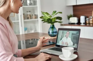 Woman engaging in a confidential telehealth counseling session with a doctor via a laptop, symbolizing secure online mental health care.”