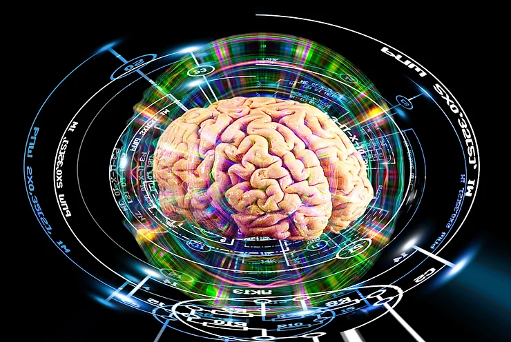 Illustration of a brain surrounded by digital and neural elements, representing advanced brain stimulation techniques."