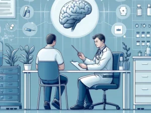 A patient discussing treatment options with a psychiatrist, with a focus on mental health, surrounded by medical icons and brain imagery.