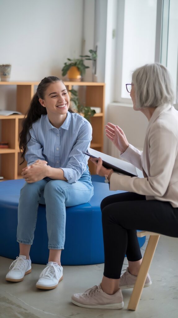 A woman conversing with another woman who is seated, capturing a moment of discussion and engagement between them