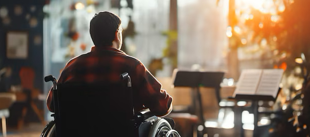 A man in a wheelchair is seated in a well-lit room, surrounded by neutral-colored walls and minimal furnishings