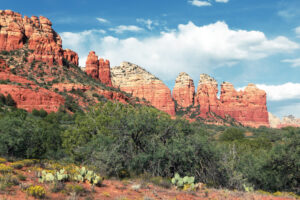 A large red rock formation stands majestically against a clear blue sky, showcasing its vibrant color and unique texture