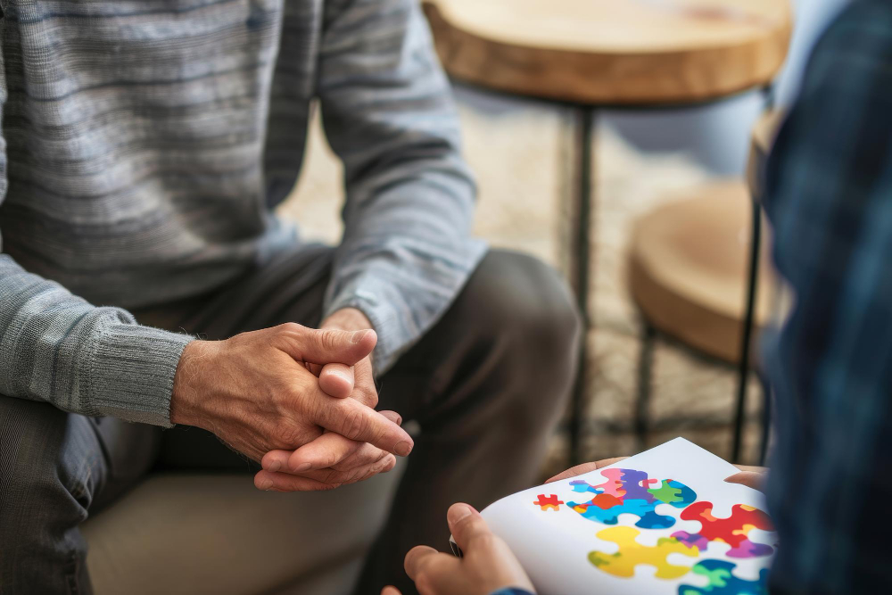 A man sitting on a couch holds a puzzle piece, undergoing Cognitive Behavioral Therapy.