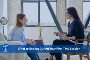 Patient consulting with a therapist before a TMS session, discussing treatment expectations for depression and mental health care in a modern clinic setting.