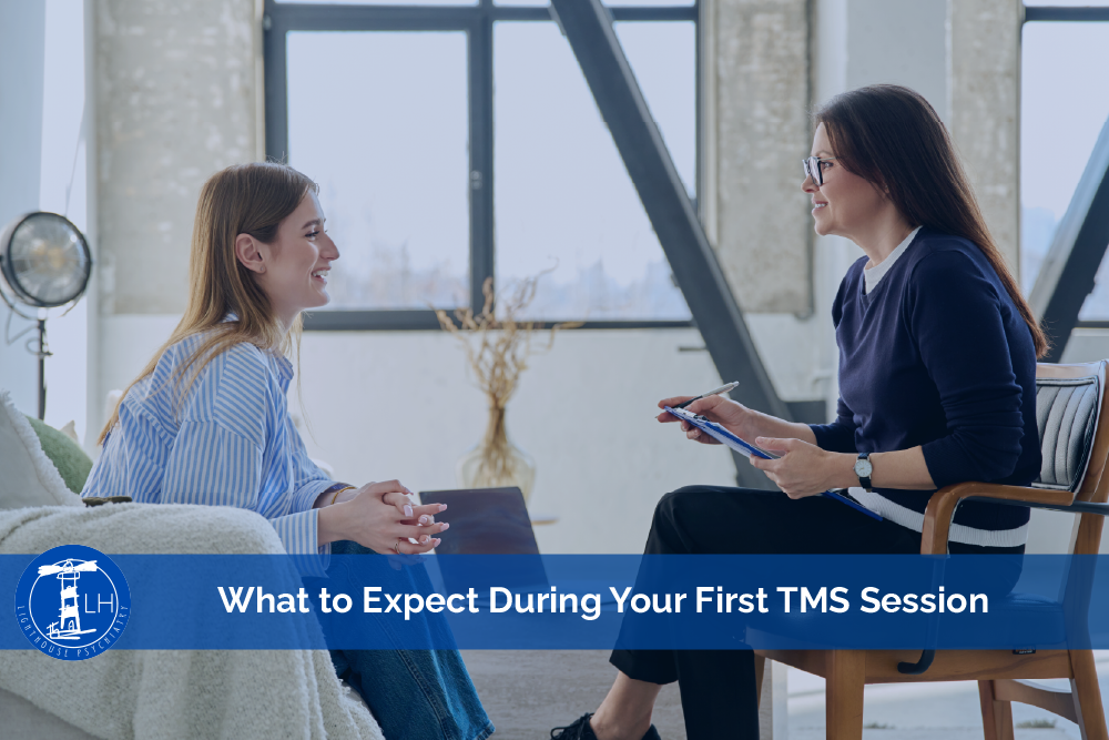 Patient consulting with a therapist before a TMS session, discussing treatment expectations for depression and mental health care in a modern clinic setting.